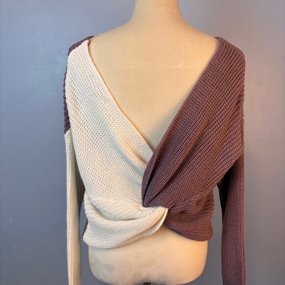 Love Tree Sweater Women's Purple White V-Neck Twist Cross Back Long sleeve - Picture 2 of 7